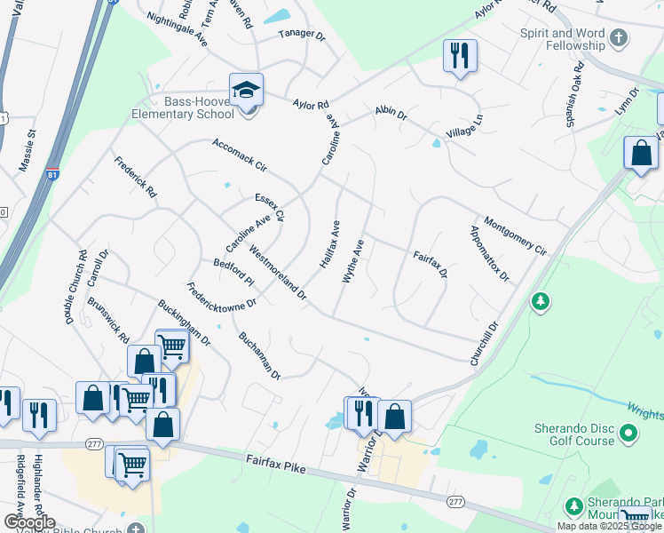 map of restaurants, bars, coffee shops, grocery stores, and more near 110 Halifax Avenue in Stephens City