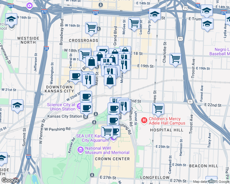 map of restaurants, bars, coffee shops, grocery stores, and more near 2107 Grand Boulevard in Kansas City