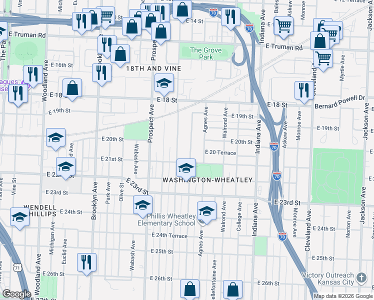 map of restaurants, bars, coffee shops, grocery stores, and more near 2023 Benton Boulevard in Kansas City