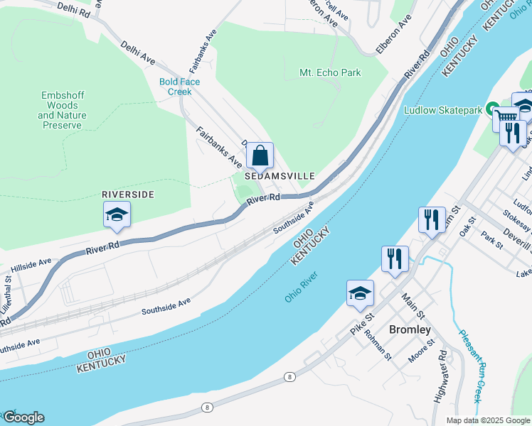 map of restaurants, bars, coffee shops, grocery stores, and more near 3087 River Road in Cincinnati