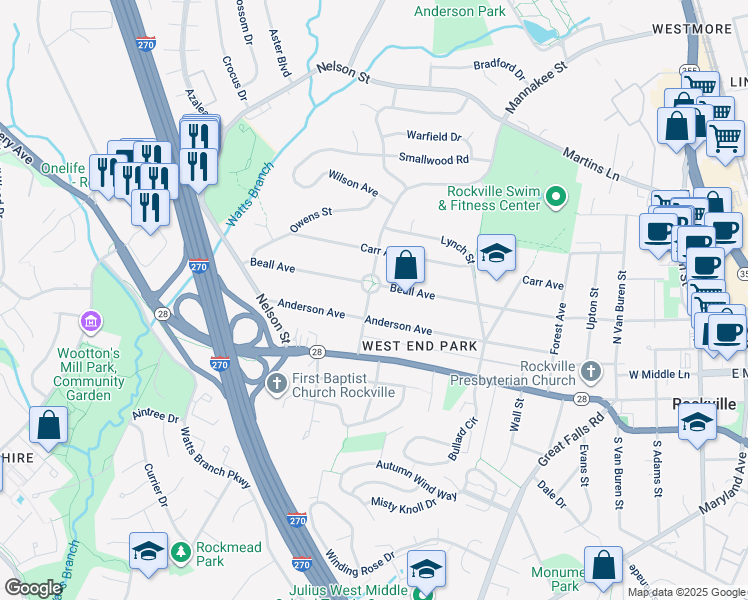 map of restaurants, bars, coffee shops, grocery stores, and more near 107 Mannakee Street in Rockville