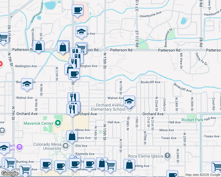 map of restaurants, bars, coffee shops, grocery stores, and more near 1530 Cedar Court in Grand Junction