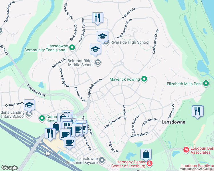map of restaurants, bars, coffee shops, grocery stores, and more near 19108 Eagle Mine Terrace in Leesburg