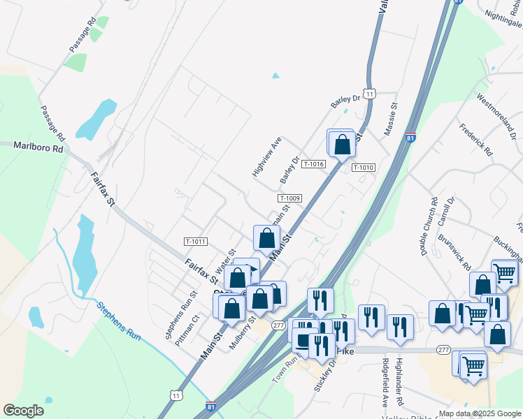 map of restaurants, bars, coffee shops, grocery stores, and more near 1030 Filbert Street in Stephens City