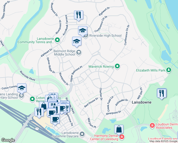 map of restaurants, bars, coffee shops, grocery stores, and more near 19099 Icehouse Terrace in Leesburg