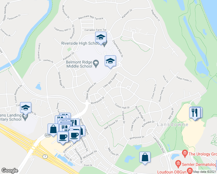 map of restaurants, bars, coffee shops, grocery stores, and more near 19099 Icehouse Terrace in Leesburg