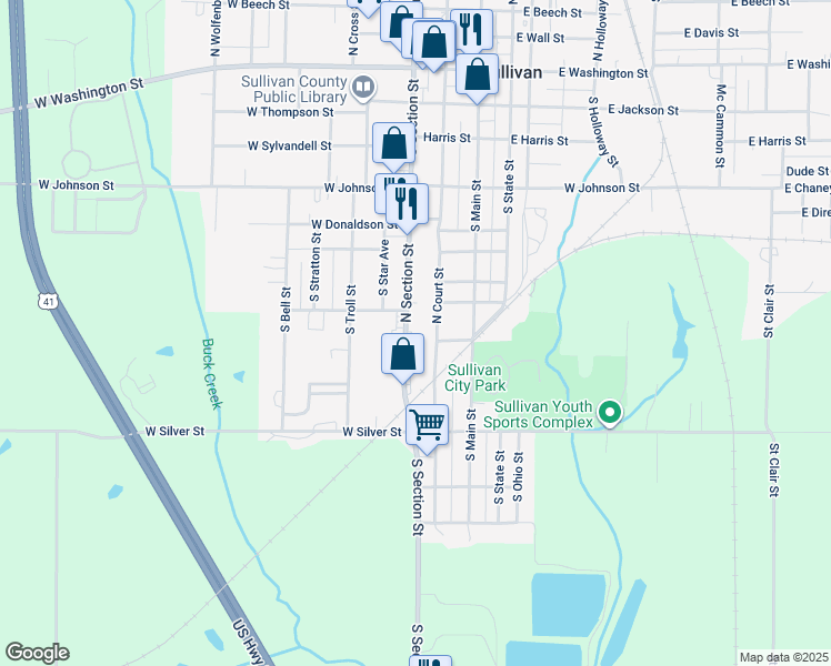 map of restaurants, bars, coffee shops, grocery stores, and more near 523 South Section Street in Sullivan