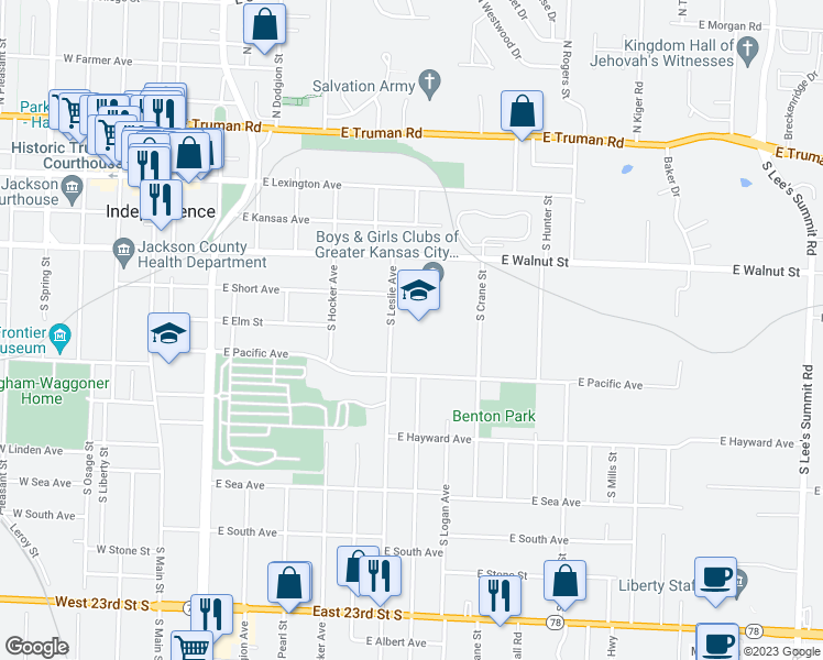 map of restaurants, bars, coffee shops, grocery stores, and more near 429 South Leslie Avenue in Independence