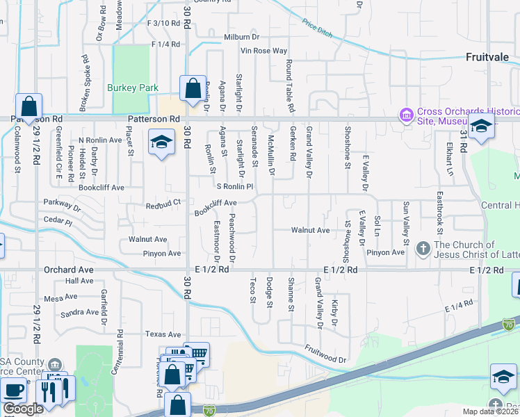 map of restaurants, bars, coffee shops, grocery stores, and more near 566 Serenade Court in Grand Junction