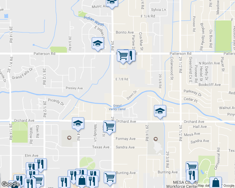 map of restaurants, bars, coffee shops, grocery stores, and more near 2903 Dawn Drive in Grand Junction