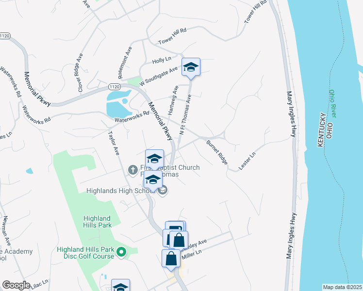 map of restaurants, bars, coffee shops, grocery stores, and more near 850 North Fort Thomas Avenue in Fort Thomas