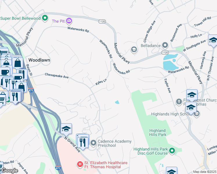 map of restaurants, bars, coffee shops, grocery stores, and more near 30 Boardwalk Street in Fort Thomas