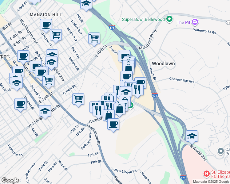 map of restaurants, bars, coffee shops, grocery stores, and more near 1146 Birch Street in Newport