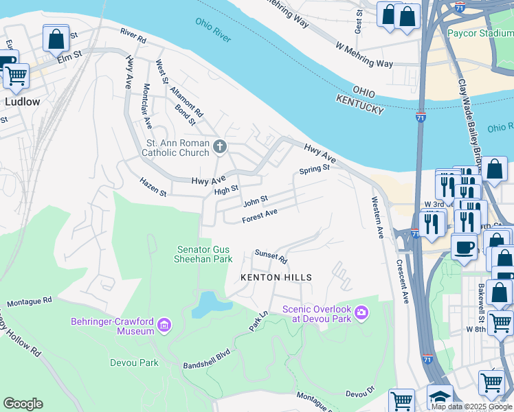map of restaurants, bars, coffee shops, grocery stores, and more near 1103 Forest Avenue in Ludlow