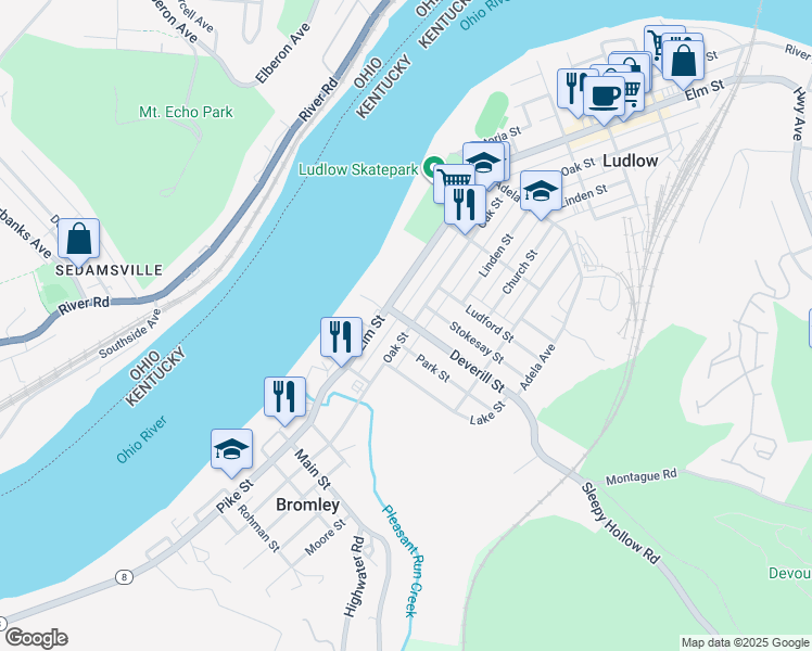 map of restaurants, bars, coffee shops, grocery stores, and more near 815 Oak Street in Ludlow