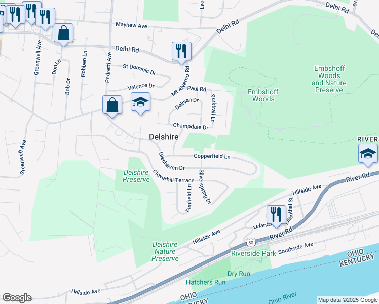 map of restaurants, bars, coffee shops, grocery stores, and more near 4259 Copperfield Lane in Cincinnati