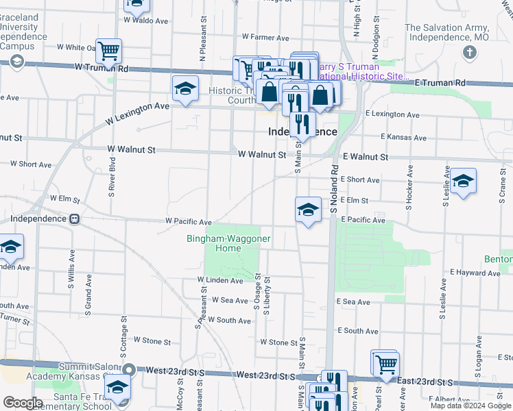 map of restaurants, bars, coffee shops, grocery stores, and more near 524 South Osage Street in Independence