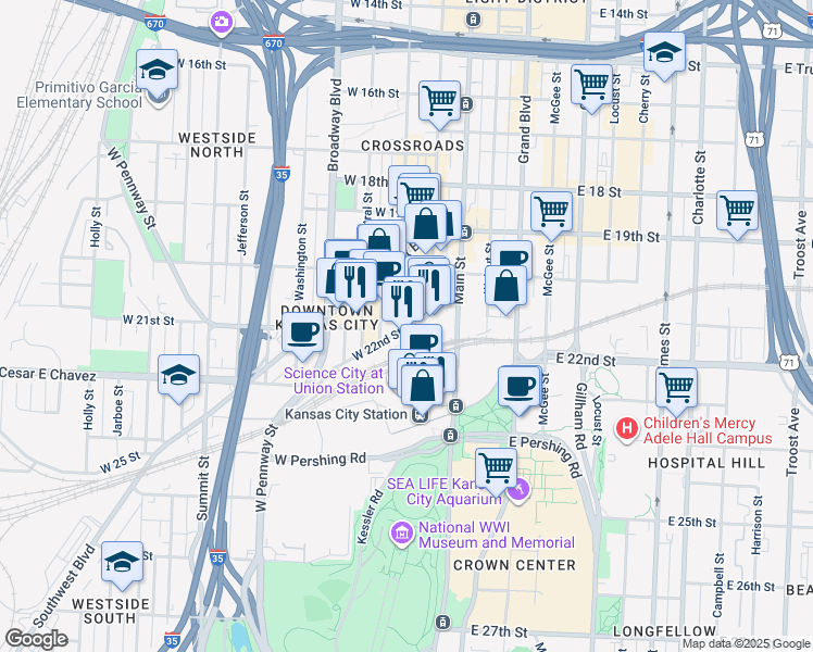 map of restaurants, bars, coffee shops, grocery stores, and more near in Kansas City