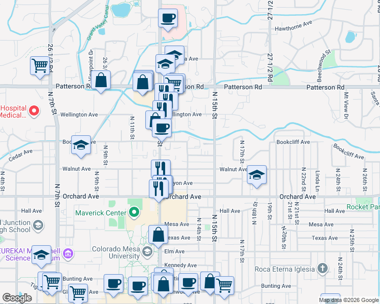 map of restaurants, bars, coffee shops, grocery stores, and more near 1302 Cedar Avenue in Grand Junction