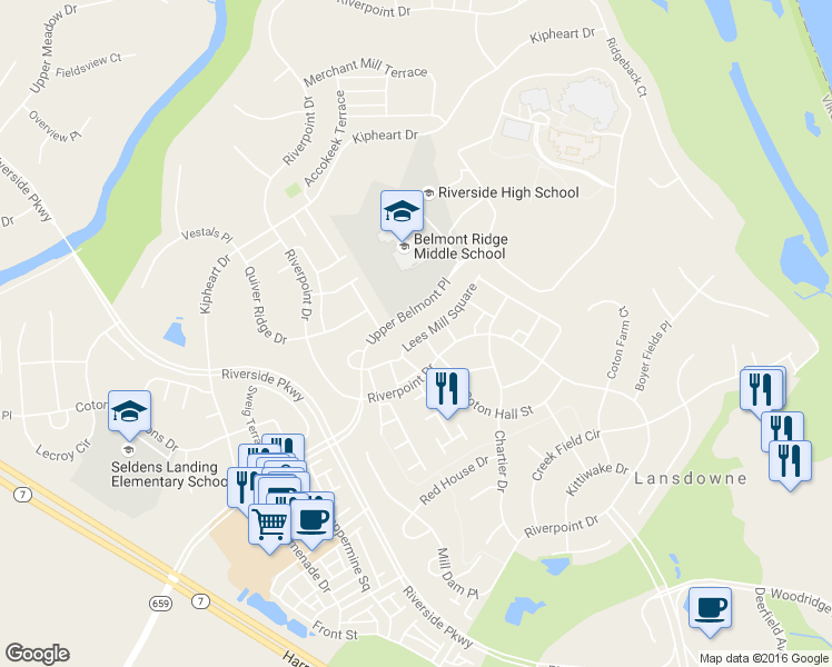 map of restaurants, bars, coffee shops, grocery stores, and more near 43654 Lees Mill Square in Leesburg