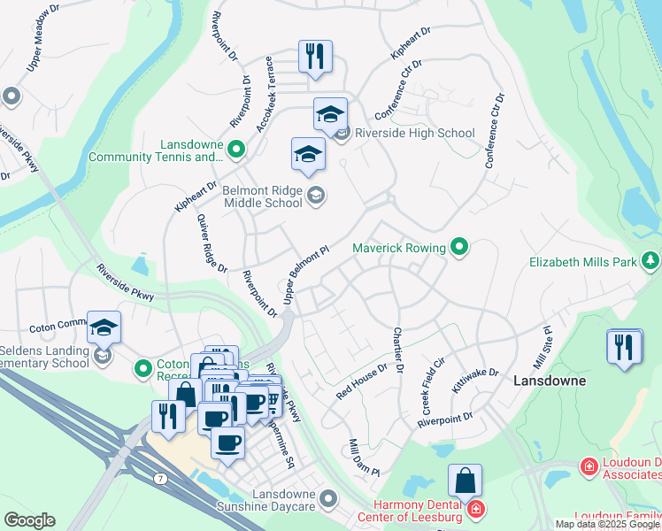 map of restaurants, bars, coffee shops, grocery stores, and more near 43654 Lees Mill Square in Leesburg