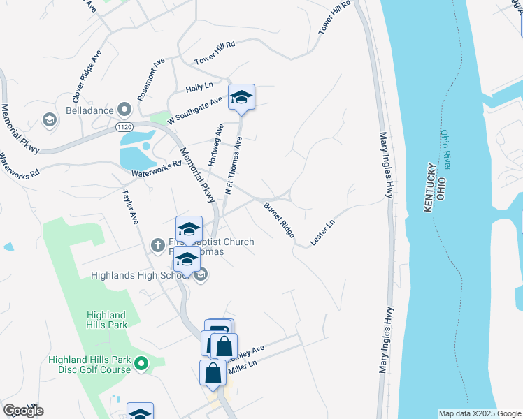 map of restaurants, bars, coffee shops, grocery stores, and more near 137 Burnet Ridge in Fort Thomas