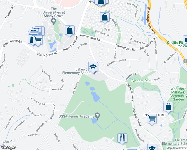 map of restaurants, bars, coffee shops, grocery stores, and more near 2534 Lindley Terrace in Rockville