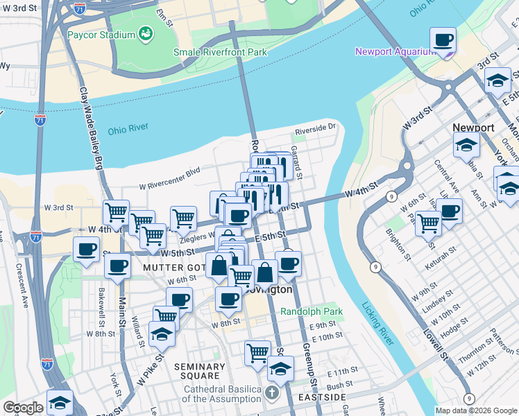 map of restaurants, bars, coffee shops, grocery stores, and more near 114 Legacy Way in Covington