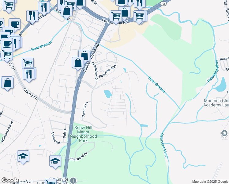 map of restaurants, bars, coffee shops, grocery stores, and more near 1130 Patuxent Greens Drive in Laurel