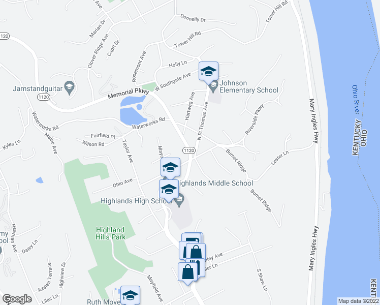map of restaurants, bars, coffee shops, grocery stores, and more near 2179 Memorial Pkwy in Fort Thomas