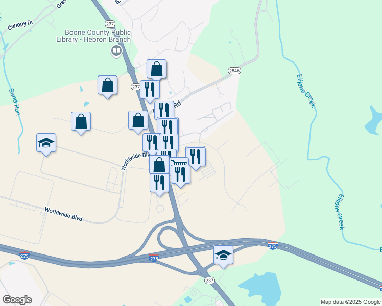 map of restaurants, bars, coffee shops, grocery stores, and more near 2375 South Park Drive in Hebron
