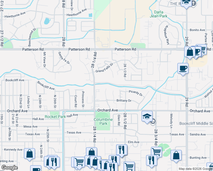 map of restaurants, bars, coffee shops, grocery stores, and more near 576 Garden Grove Court in Grand Junction