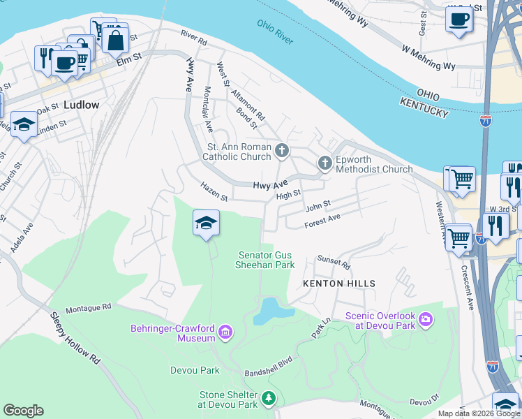 map of restaurants, bars, coffee shops, grocery stores, and more near 16 West Street in Covington