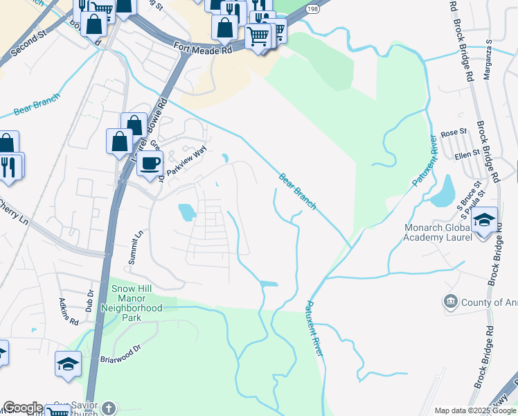 map of restaurants, bars, coffee shops, grocery stores, and more near 14419 Greenview Drive in Laurel