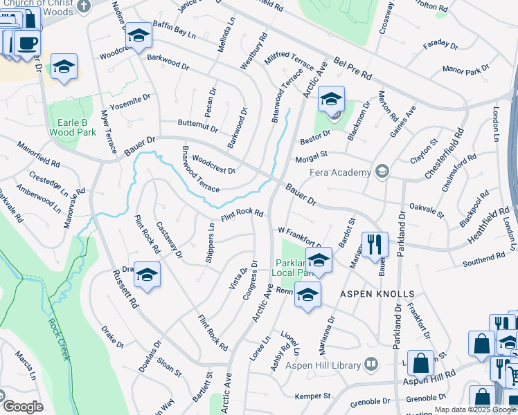 map of restaurants, bars, coffee shops, grocery stores, and more near 14154 Flint Rock Road in Rockville
