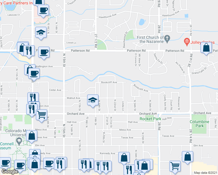 map of restaurants, bars, coffee shops, grocery stores, and more near 2123 North 21st Street in Grand Junction