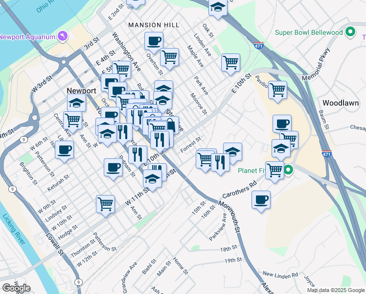 map of restaurants, bars, coffee shops, grocery stores, and more near 1024 Saratoga Street in Newport