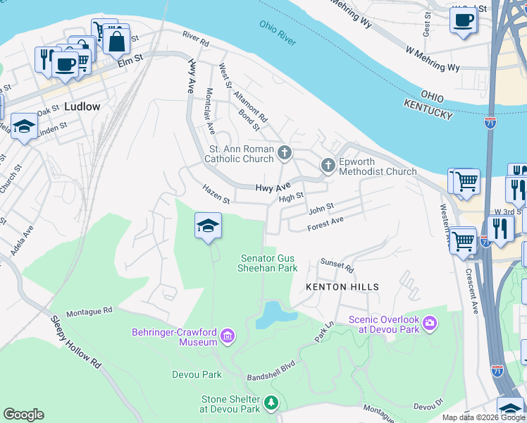 map of restaurants, bars, coffee shops, grocery stores, and more near 16 West Street in Covington