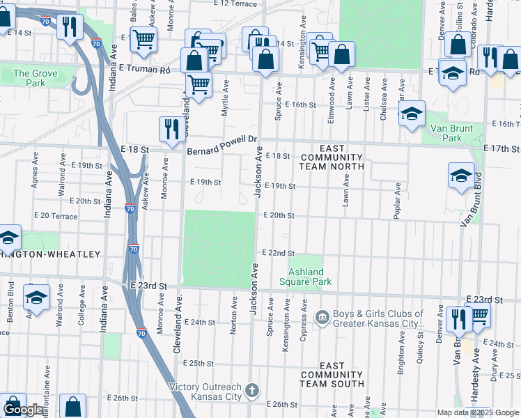map of restaurants, bars, coffee shops, grocery stores, and more near 4219 East 20th Street in Kansas City