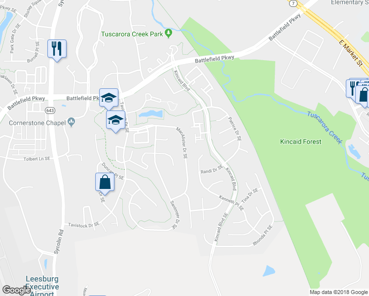 map of restaurants, bars, coffee shops, grocery stores, and more near 801 Macalister Drive Southeast in Leesburg