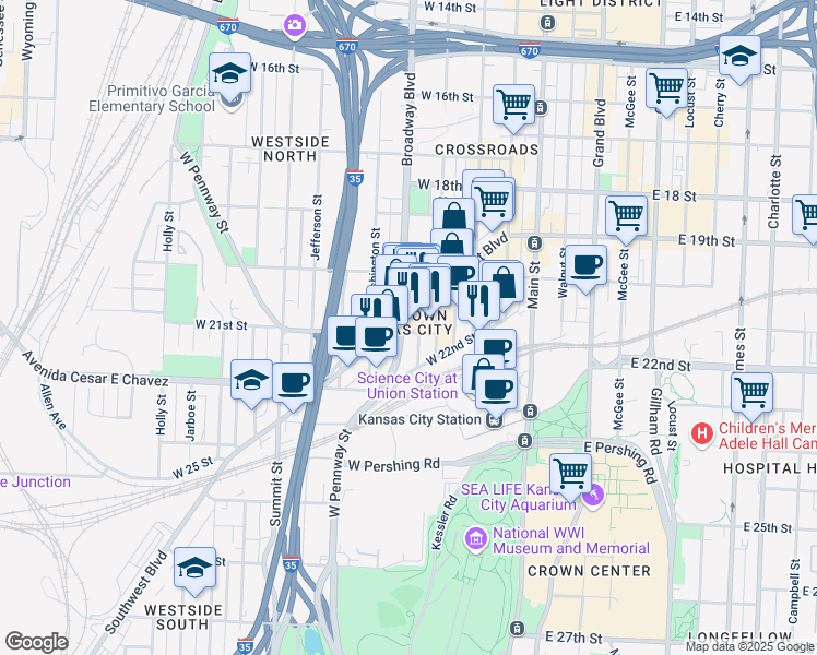 map of restaurants, bars, coffee shops, grocery stores, and more near 2109 Northwestern Avenue in Kansas City