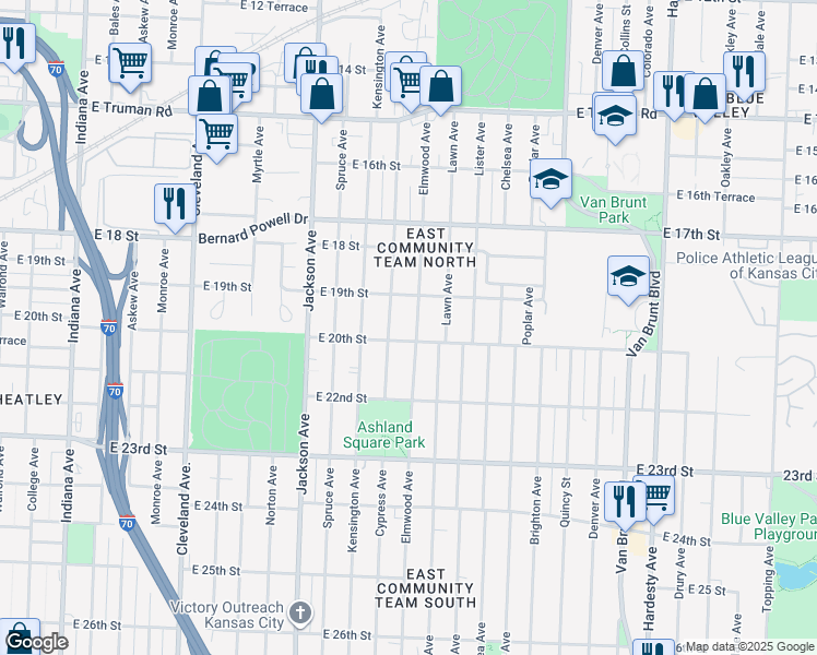map of restaurants, bars, coffee shops, grocery stores, and more near 1924 Elmwood Avenue in Kansas City