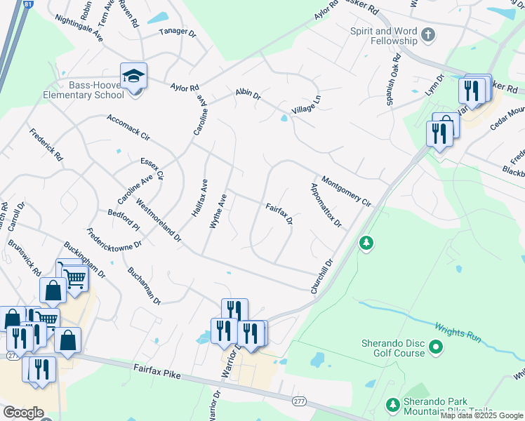 map of restaurants, bars, coffee shops, grocery stores, and more near 111 Dinwiddie Court in Stephens City