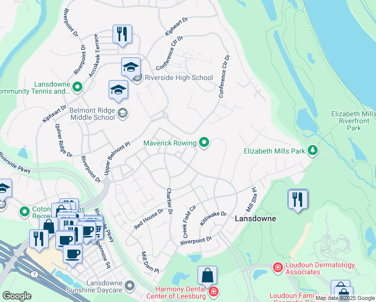 map of restaurants, bars, coffee shops, grocery stores, and more near 19090 Pileated Terrace in Leesburg