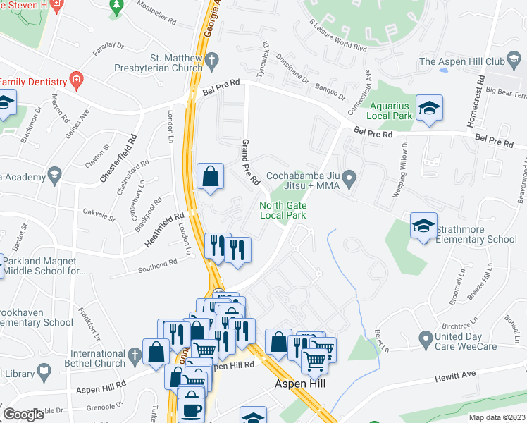 map of restaurants, bars, coffee shops, grocery stores, and more near 14110 Grand Pre Road in Silver Spring