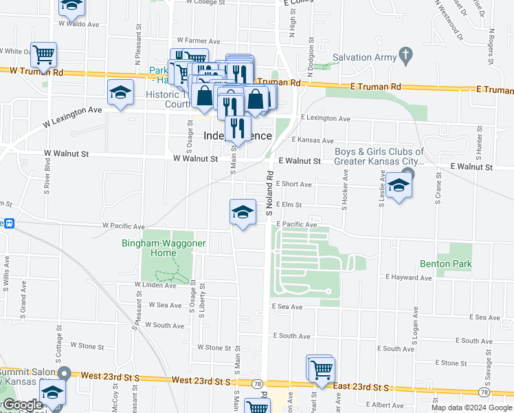 map of restaurants, bars, coffee shops, grocery stores, and more near 133 East Elm Street in Independence