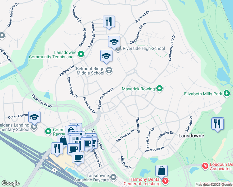 map of restaurants, bars, coffee shops, grocery stores, and more near 43662 Lees Mill Square in Leesburg