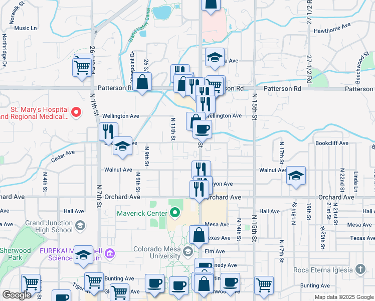 map of restaurants, bars, coffee shops, grocery stores, and more near 2150 College Place in Grand Junction