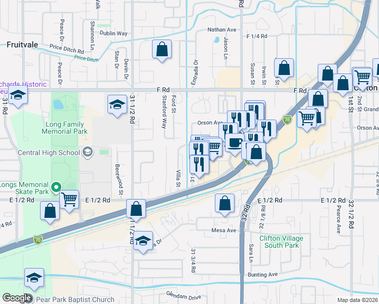 map of restaurants, bars, coffee shops, grocery stores, and more near 565-567 31 3/4 Road in Fruitvale