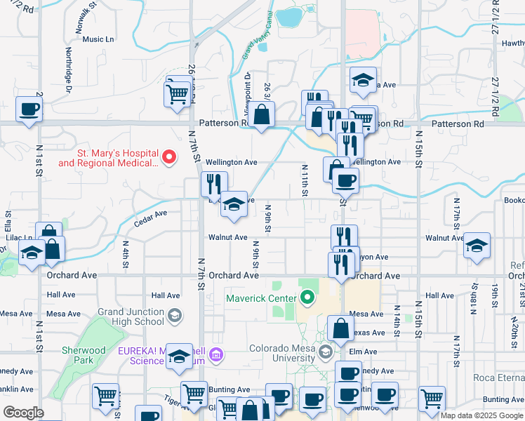 map of restaurants, bars, coffee shops, grocery stores, and more near 2129 North 9th Street in Grand Junction